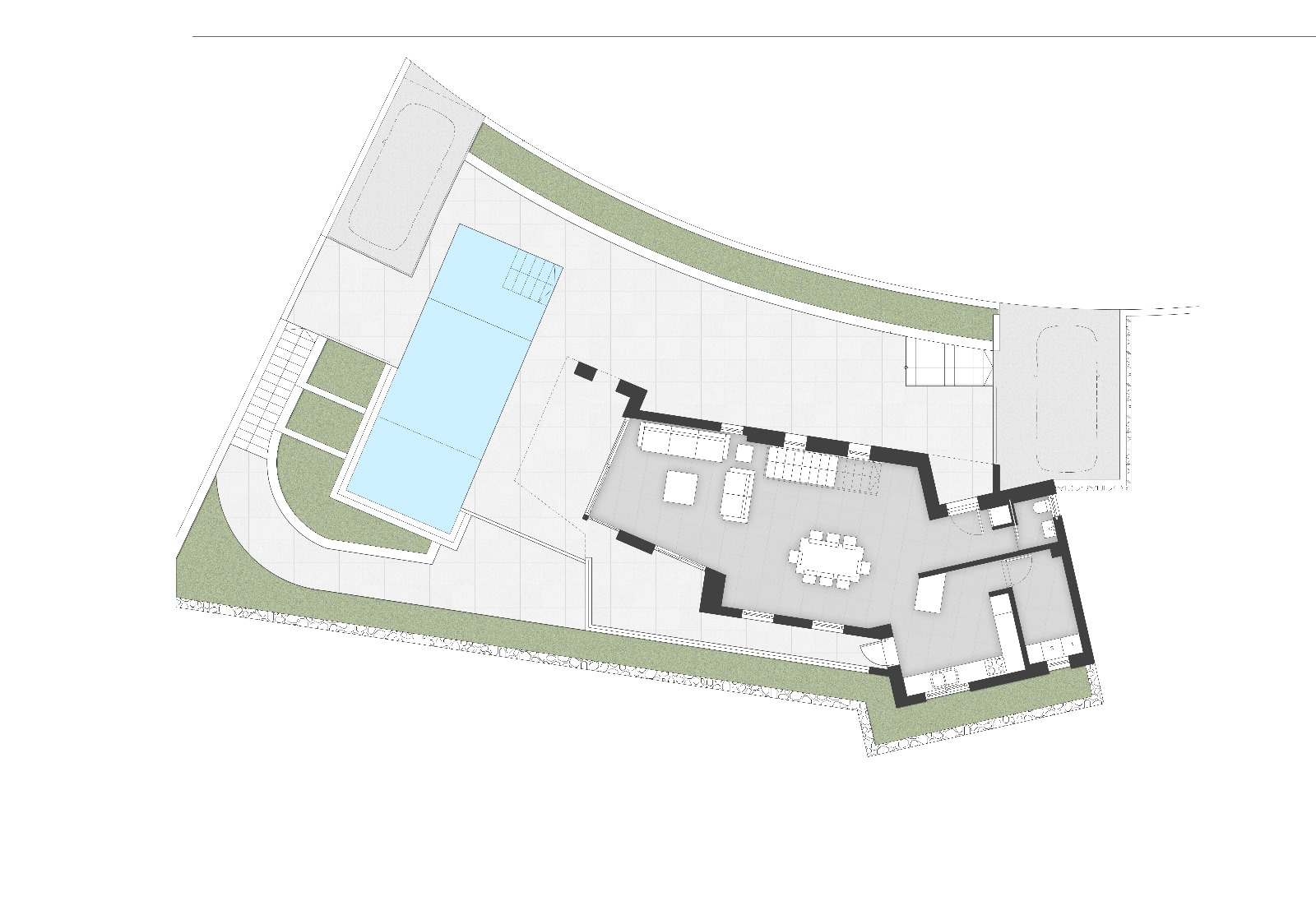 Plan d'architecte du niveau supérieur illustrant le salon ouvert, la cuisine équipée et la vaste terrasse avec piscine à débordement.