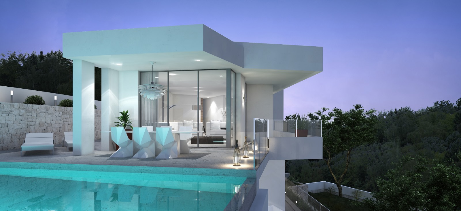 Terrasse supérieure avec piscine à débordement, mobilier design géométrique et baies vitrées intégrant le salon à l'environnement naturel au crépuscule.