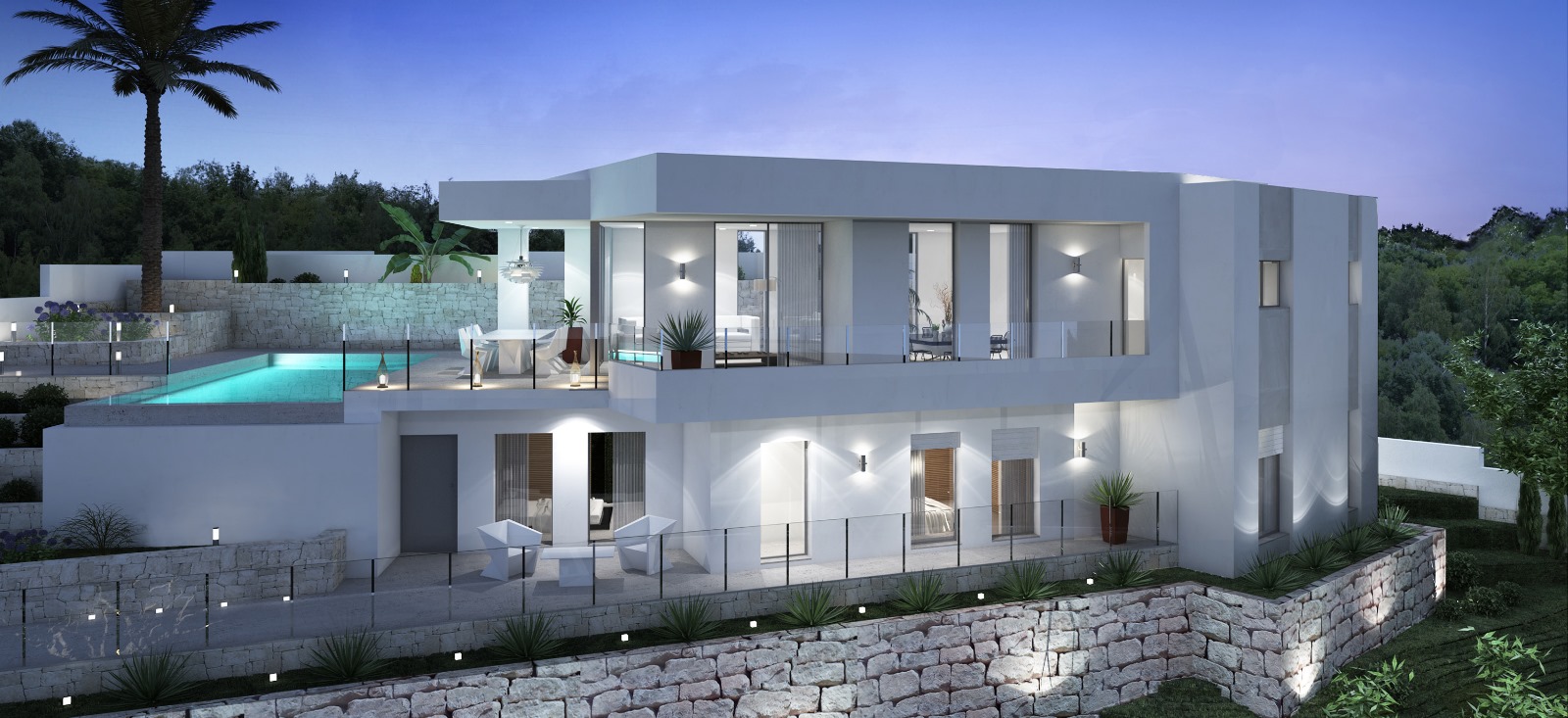 Vue extérieure crépusculaire de la villa moderne avec façade blanche, murs en pierre naturelle, piscine à débordement éclairée et terrasses avec garde-corps en verre.