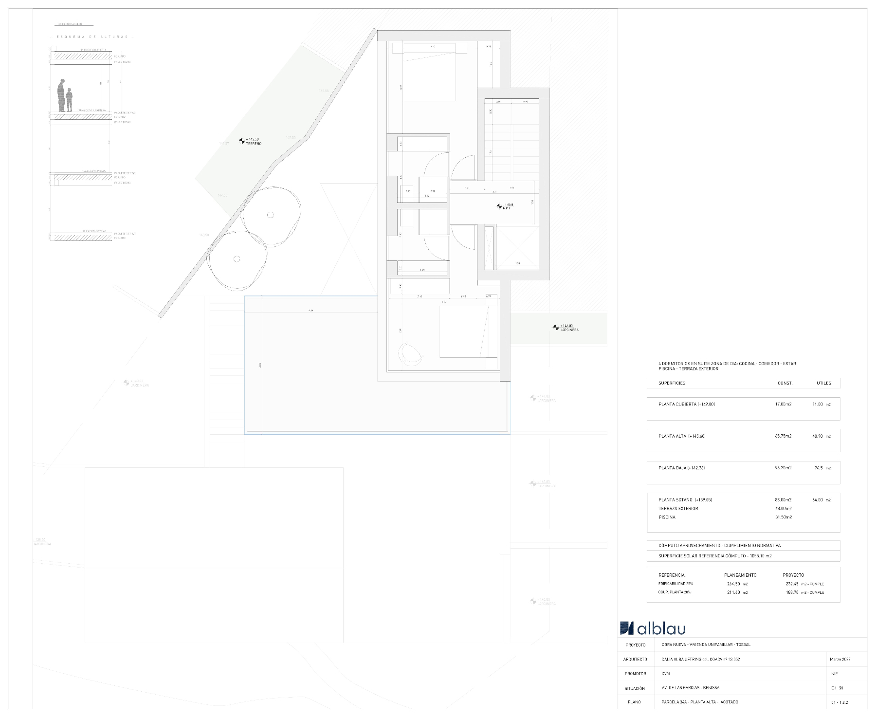 Plan architectural montrant l'aménagement de la villa, les jardins et les élévations du terrain.