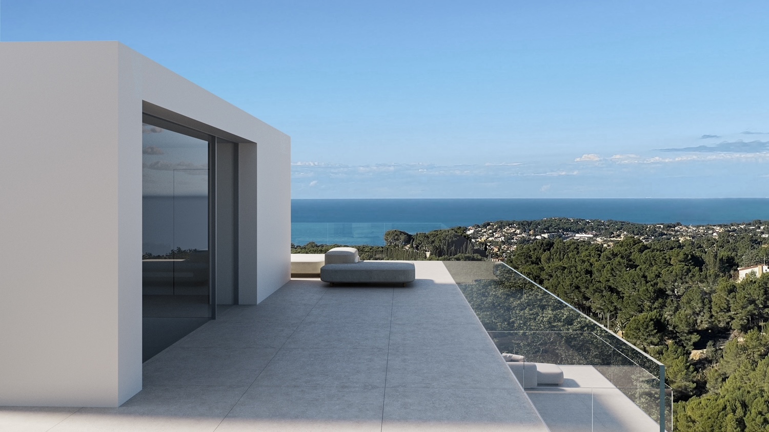 Terrasse minimaliste avec vue sur la mer, garde-corps en verre, mobilier moderne et carrelage.