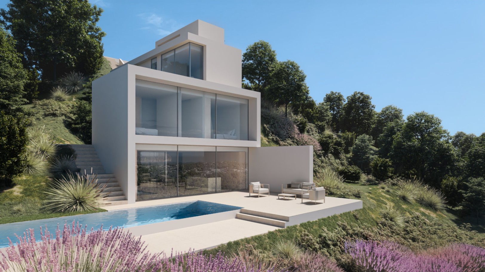 Vue extérieure d'une villa moderne avec piscine à débordement et terrasse avec mobilier minimaliste sur une colline aménagée.