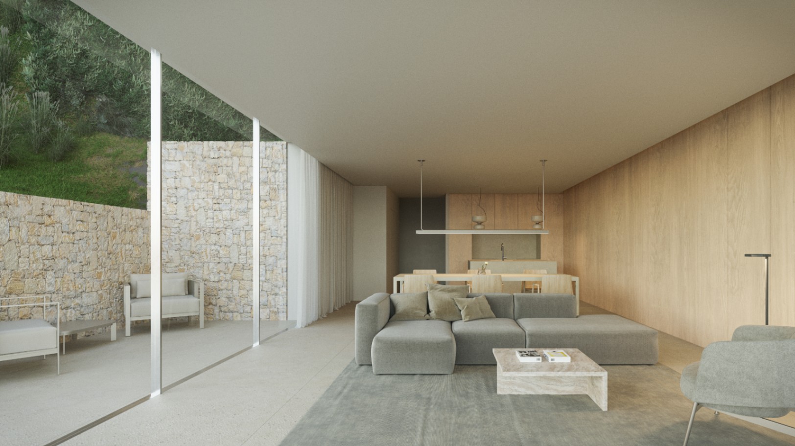 Espace de vie ouvert avec murs en bois, mobilier contemporain et larges baies vitrées s'ouvrant sur un patio privé agrémenté d'un mur en pierre naturelle.