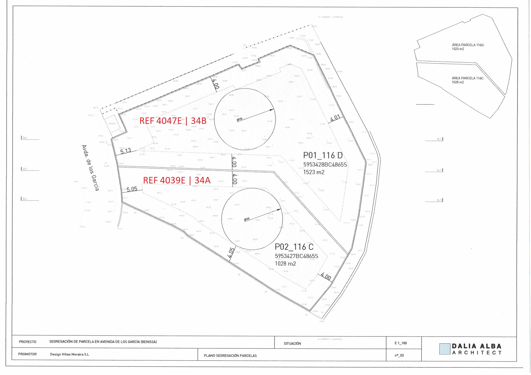 Plan technique de lotissement sur l'Avenida de los García, présentant deux parcelles de 1523 m² et 1028 m² avec leurs limites et références spécifiques.