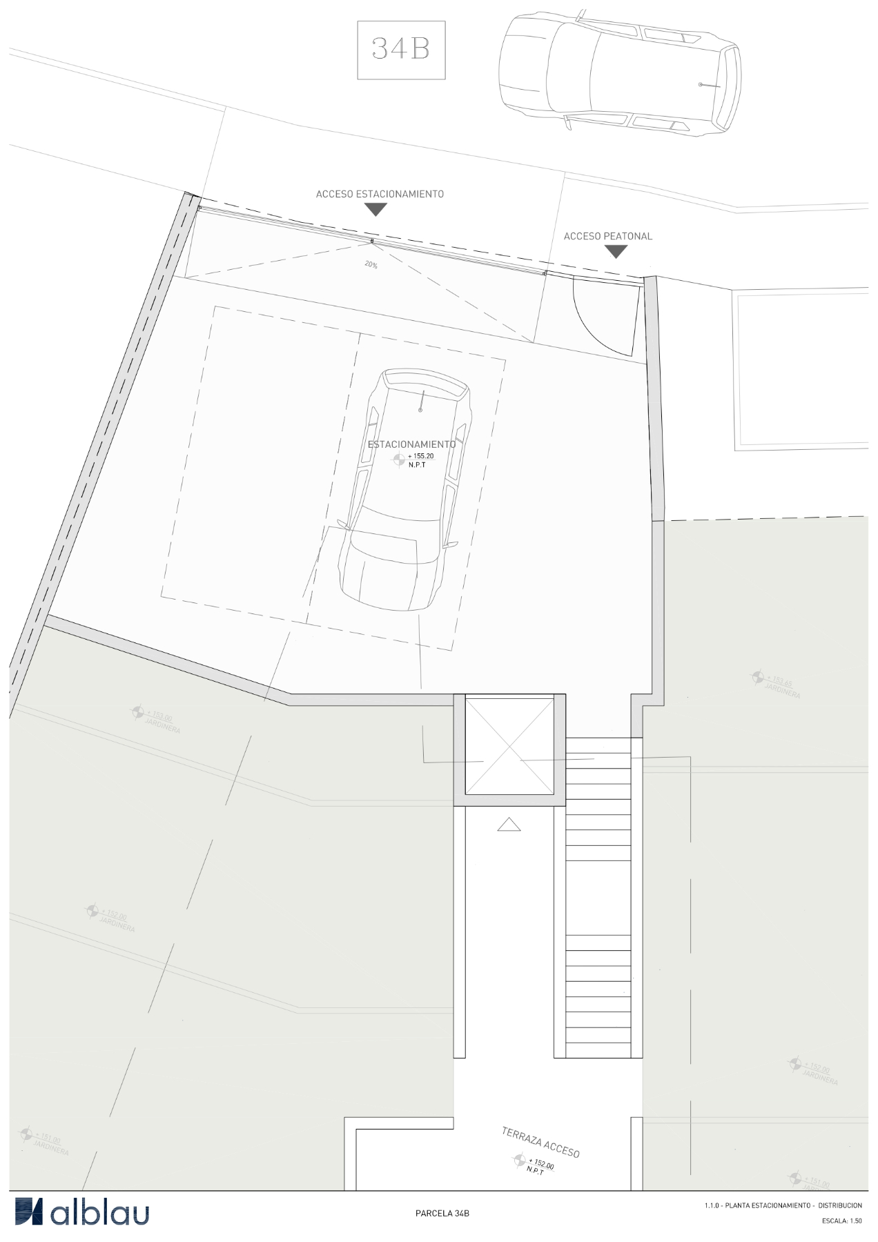 Plan technique du niveau de stationnement illustrant l'accès véhicule et piéton, l'espace pour deux voitures, la cage d'ascenseur et l'escalier extérieur.