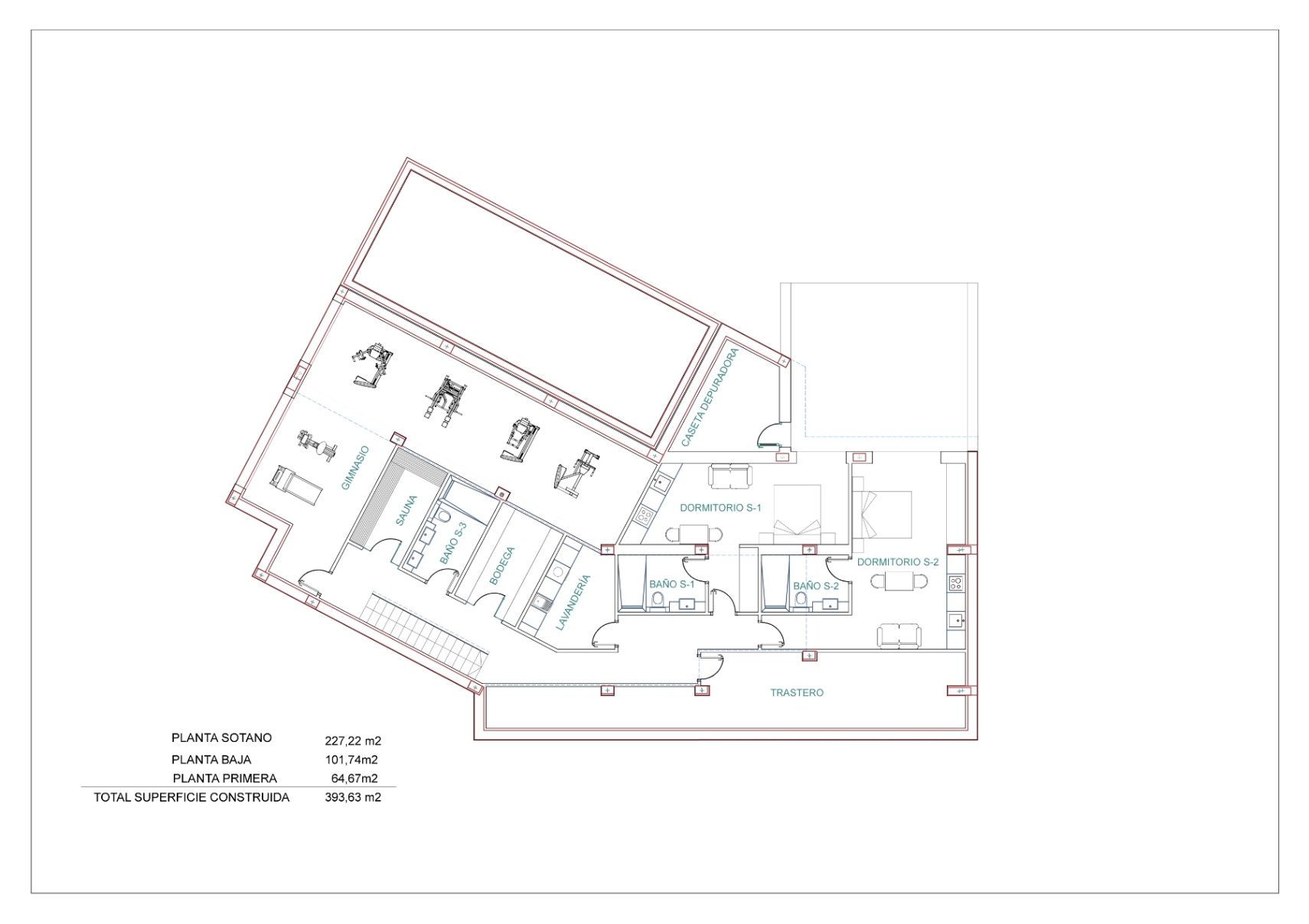 Plan architectural détaillé du sous-sol avec salle de sport, sauna et chambres.