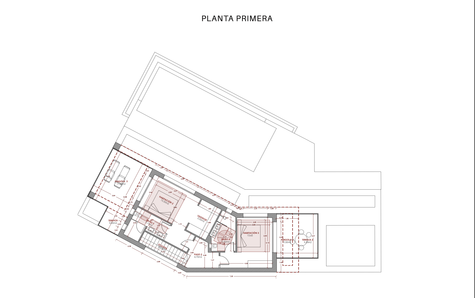 Plan architectural du premier étage présentant les chambres, les salles de bains, les terrasses et l'aménagement général.