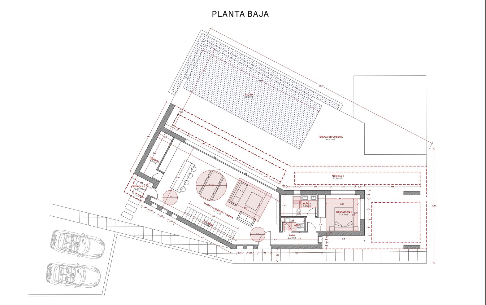 Plan d'étage montrant l'agencement du salon/salle à manger/cuisine, de la chambre, de la salle de bain et de la piscine.