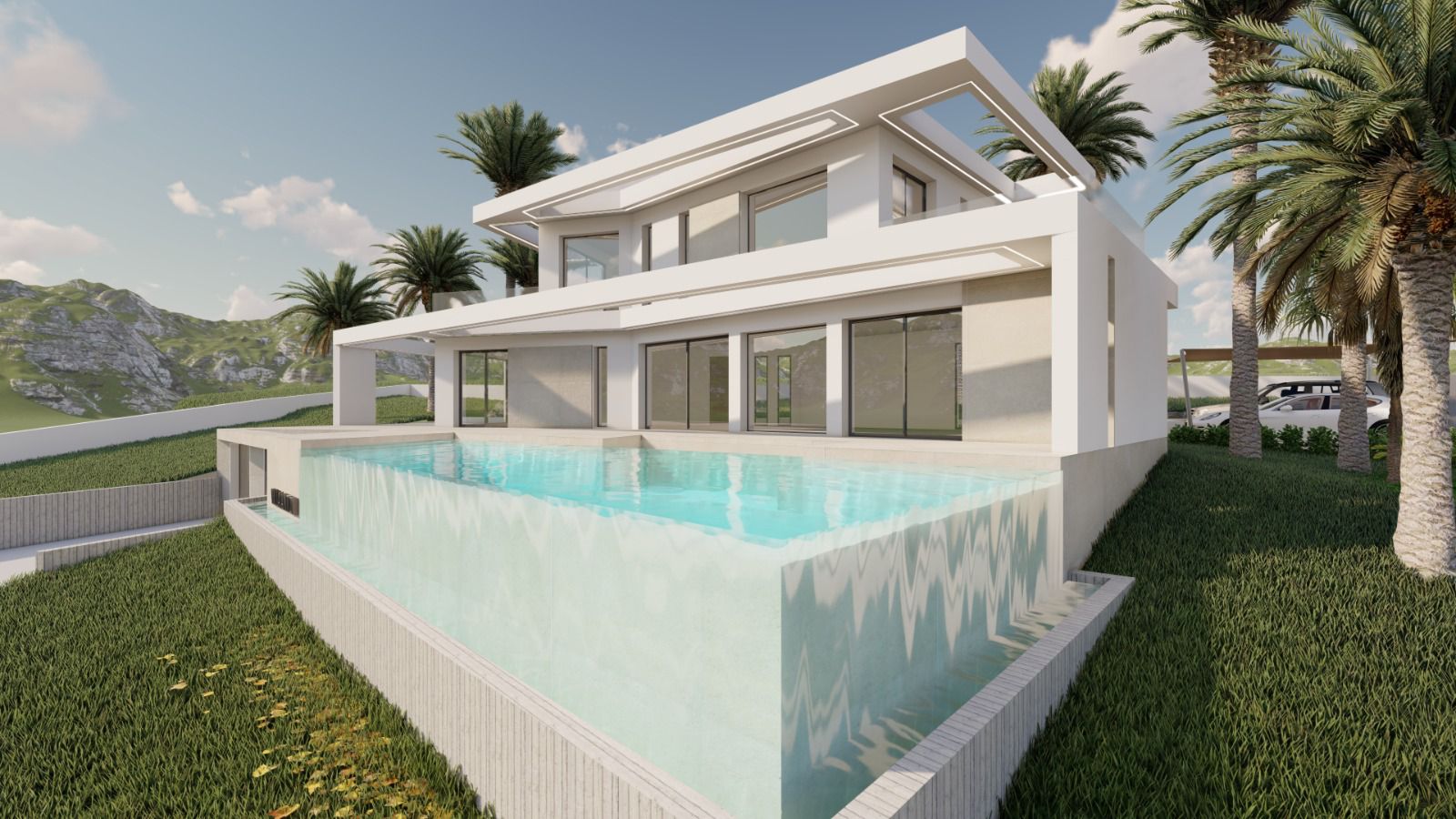 Vue extérieure d'une villa moderne avec piscine à débordement et design minimaliste, entourée de palmiers et de verdure.