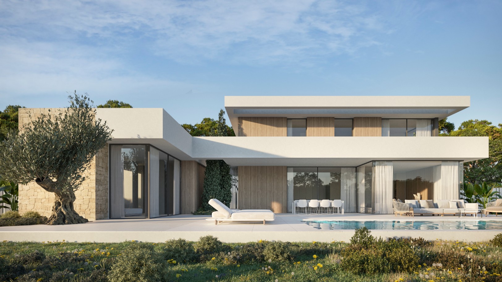 Façade moderne alliant pierre naturelle, bois et larges baies vitrées, s'ouvrant sur une terrasse avec piscine à débordement et un jardin méditerranéen soigné.