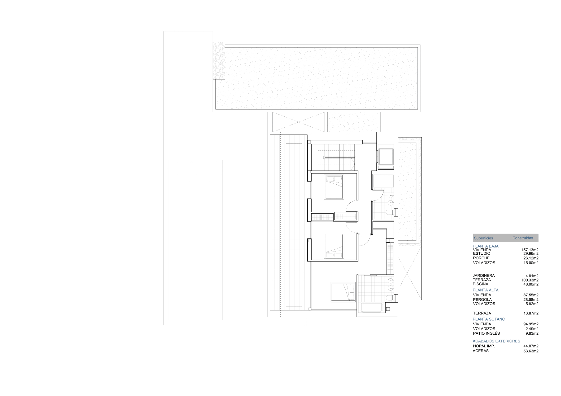 Plan architectural technique de l'étage supérieur montrant la distribution des chambres et salles de bains avec le tableau des surfaces.
