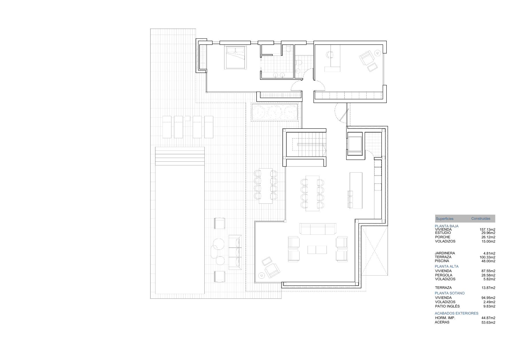 Plan technique du rez-de-chaussée montrant le salon-salle à manger, la cuisine, une chambre et la terrasse avec piscine, incluant le tableau des surfaces.