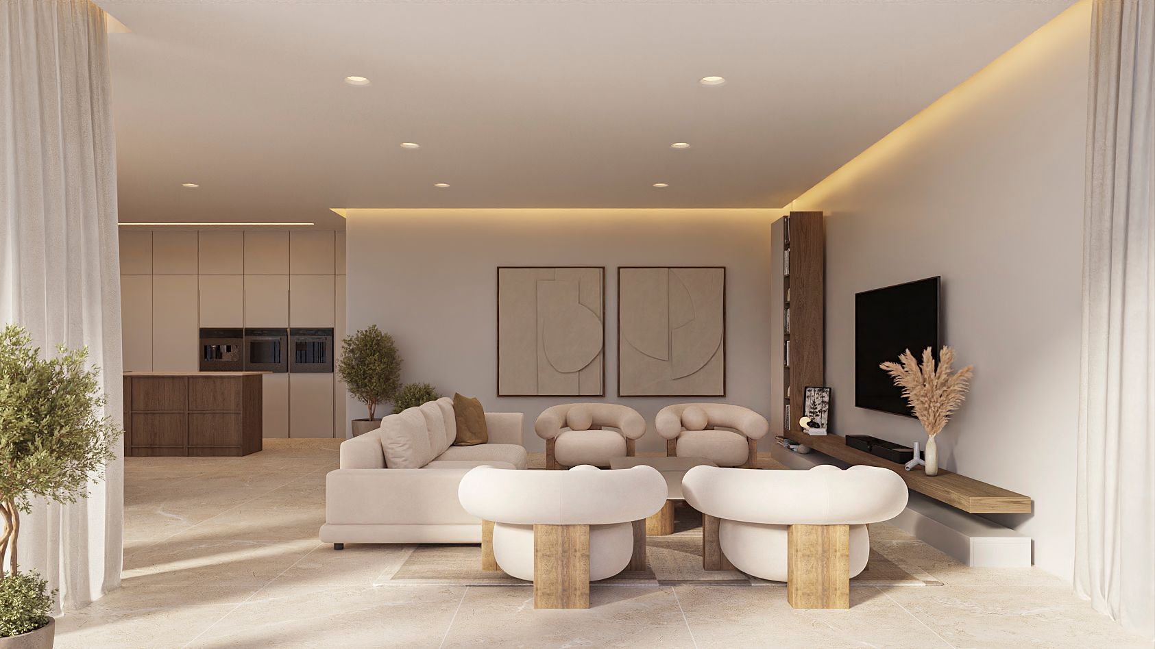 Salon à aire ouverte avec mobilier contemporain aux tons neutres, éclairage LED périmétrique et cuisine intégrée avec îlot en bois en arrière-plan.