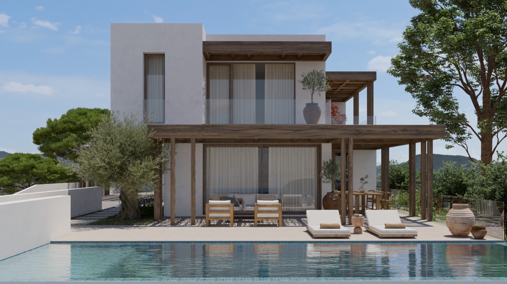 Vue extérieure de la villa avec piscine, terrasses couvertes avec structure en bois et jardin méditerranéen.