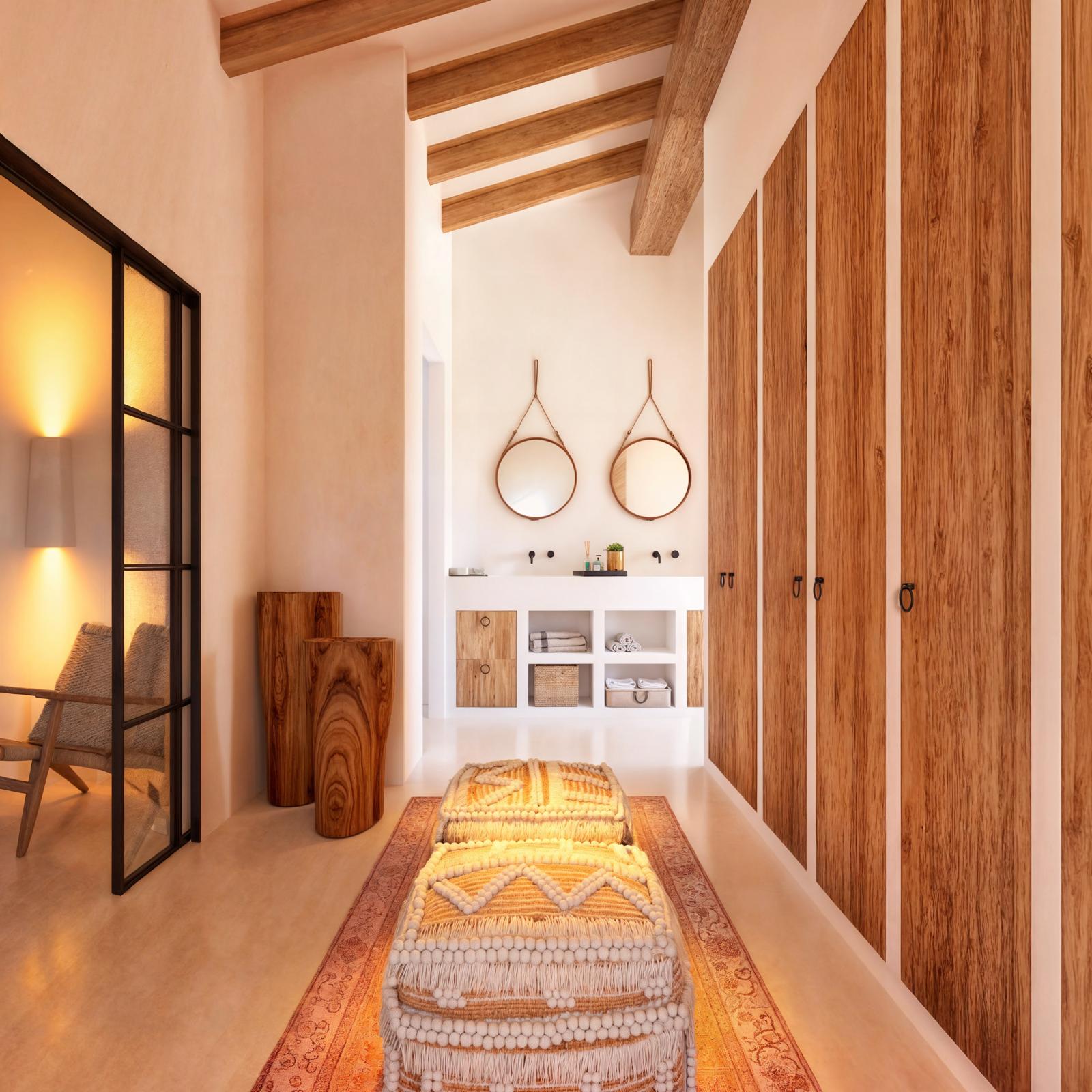 Dressing avec poutres apparentes, placards intégrés en bois et double vasque avec miroirs suspendus. Les menuiseries noires et les matériaux naturels soulignent le style rustique.