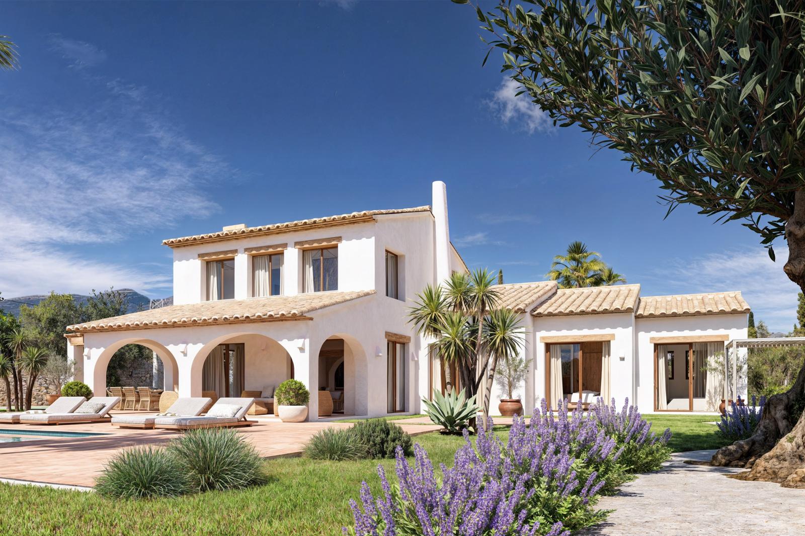Extérieur de style méditerranéen avec arches traditionnelles, jardins de lavande et d'oliviers, et une vaste terrasse en terre cuite bordant la piscine.