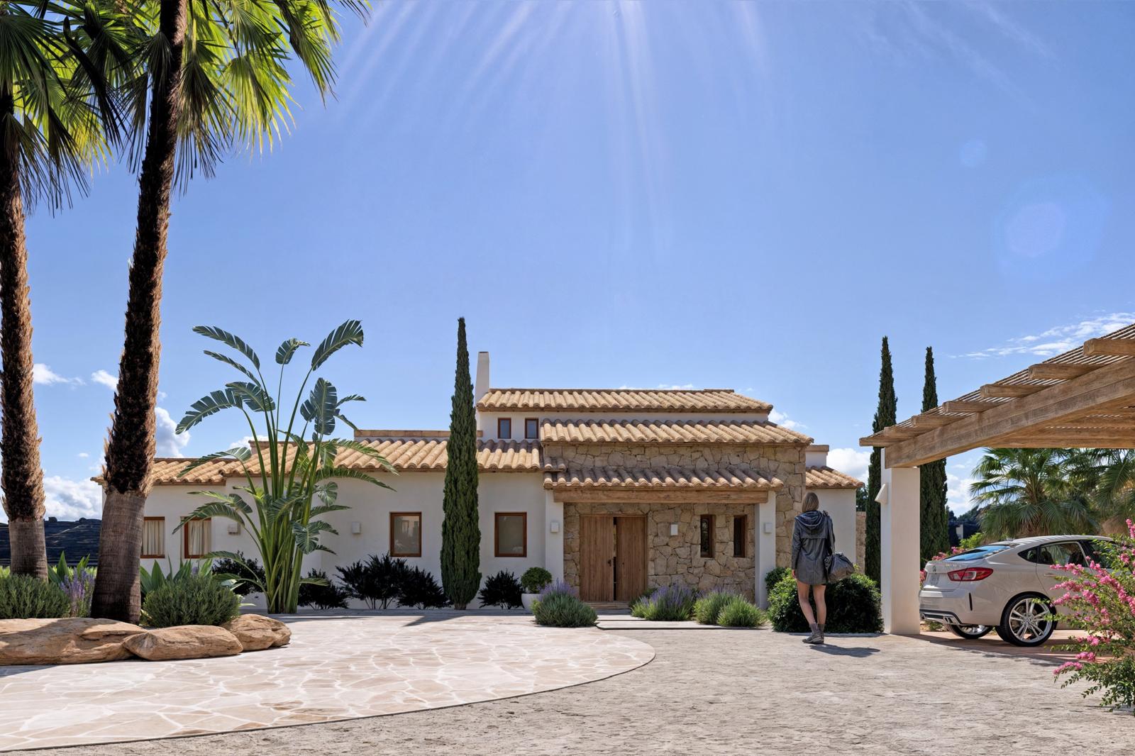 Façade principale rustique avec murs en pierre naturelle, toit en tuiles et parking extérieur sous une pergola en bois, entourée d'un jardin méditerranéen soigné.