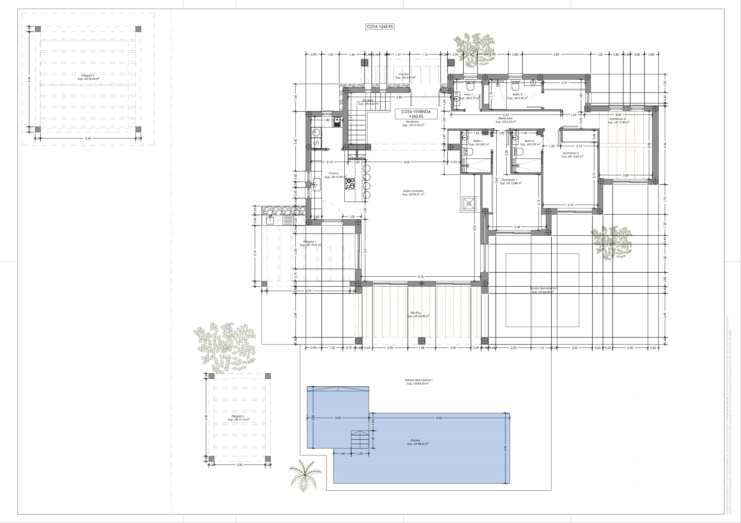 Plan d'architecte détaillé illustrant la disposition intérieure avec trois chambres en suite, un espace de vie ouvert et de vastes terrasses extérieures avec piscine.