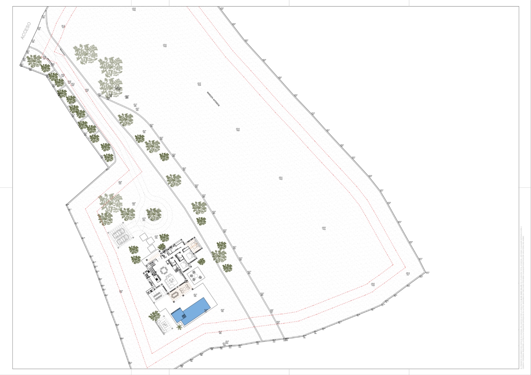 Plan de masse technique détaillant la disposition de la villa, la piscine, les accès et la vaste parcelle dédiée à la culture du raisin muscat.