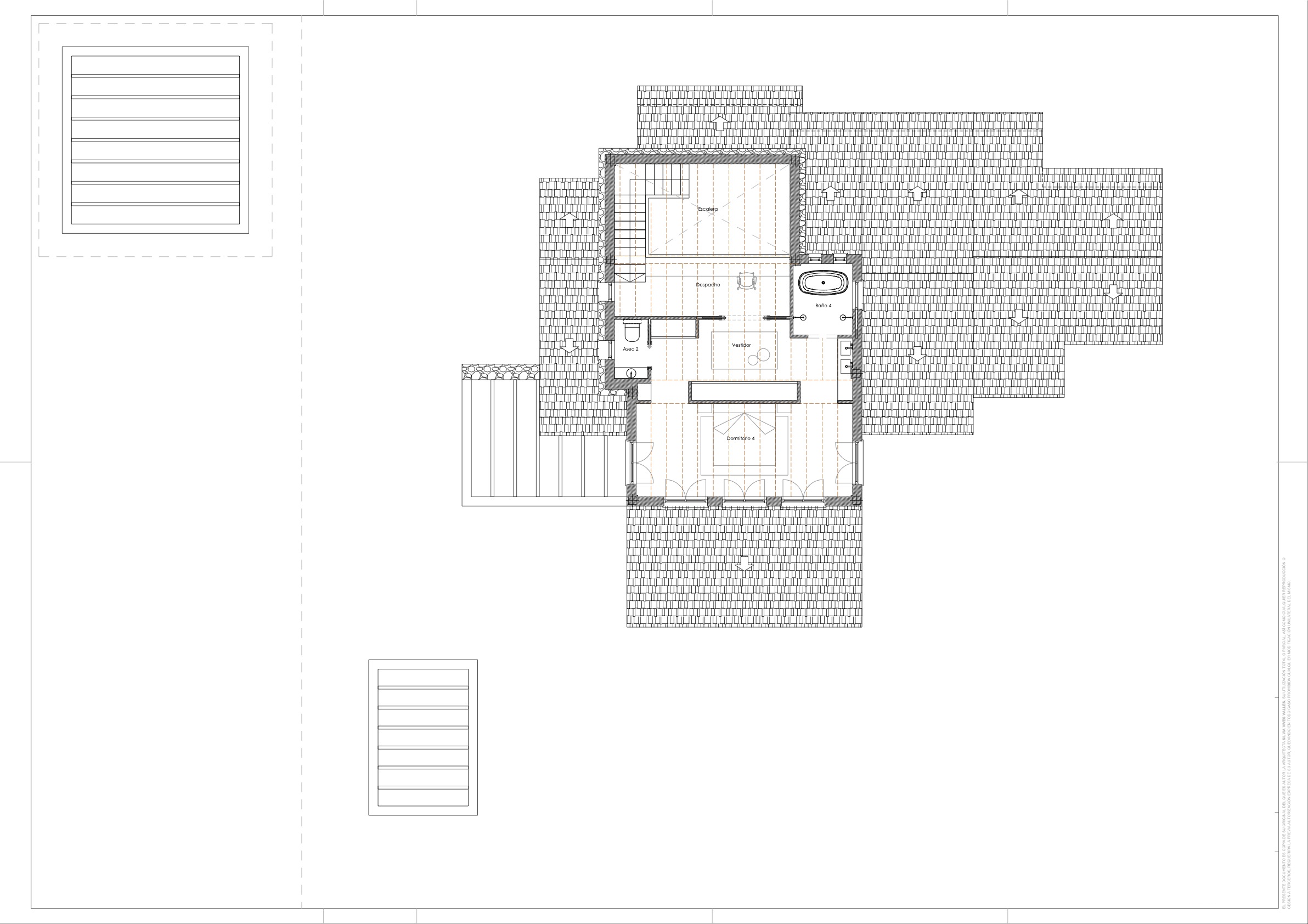Plan technique de l'étage supérieur illustrant l'agencement de la chambre 4, du dressing, de la salle de bain attenante, du bureau et de l'escalier.