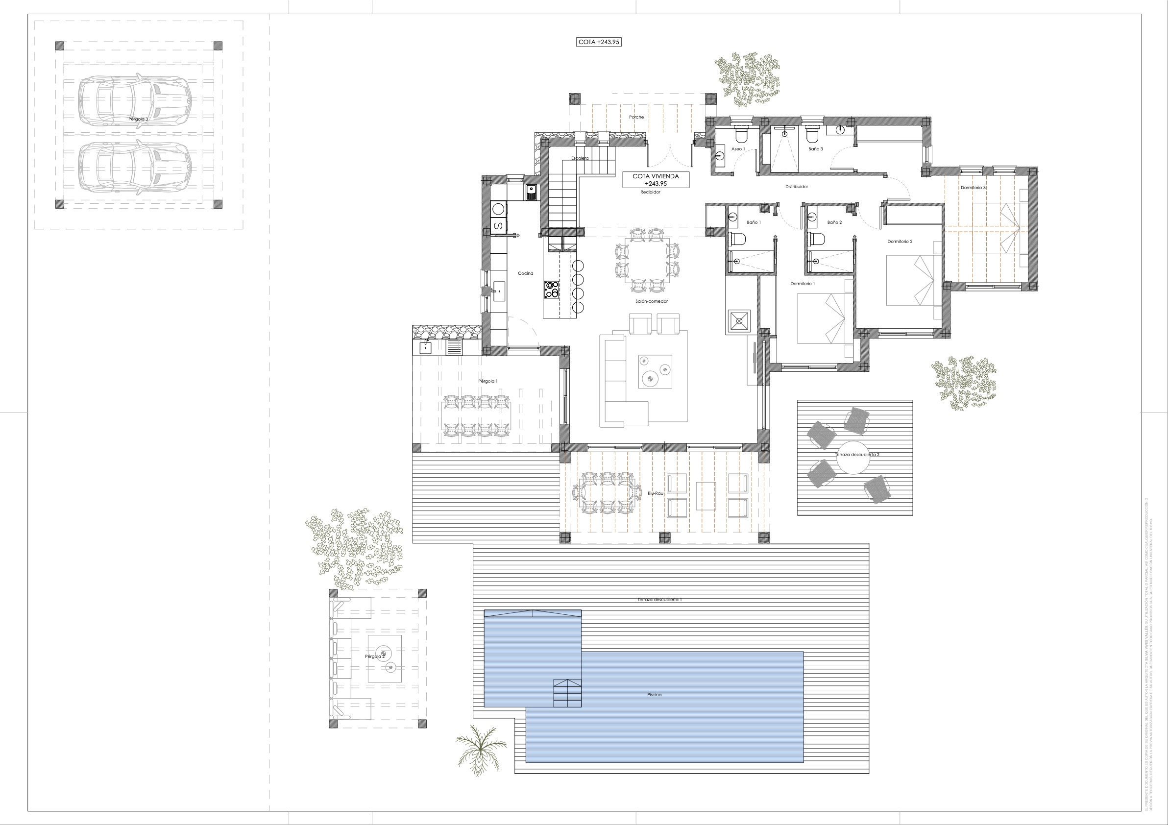 Plan technique du rez-de-chaussée présentant trois chambres en suite, un séjour ouvert et de grands espaces extérieurs avec piscine, terrasses et stationnement couvert.