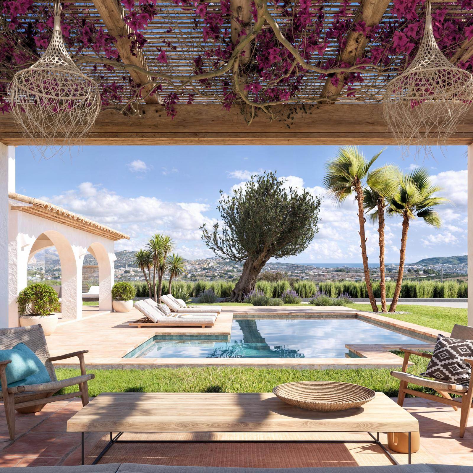 Terrasse avec pergola en bois et bougainvilliers, offrant une vue sur la piscine en L, l'olivier et le paysage côtier méditerranéen.