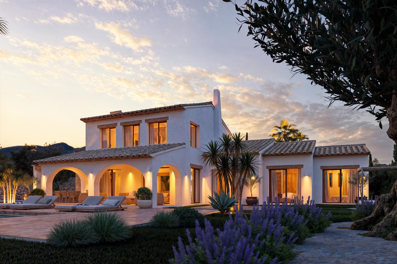 Vue extérieure de la villa au crépuscule avec façades blanches, arches traditionnelles, toiture en tuiles et jardin méditerranéen agrémenté de lavande.