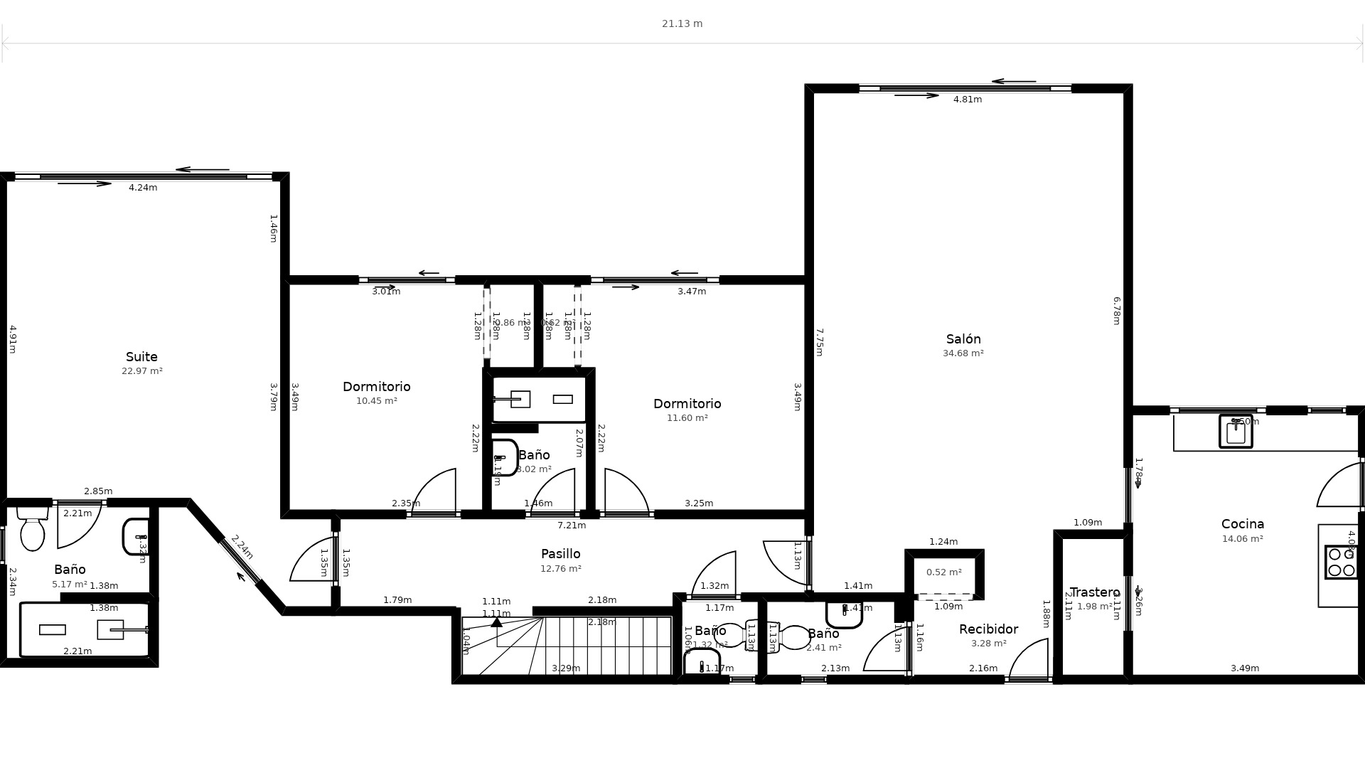Plan d'architecte détaillé du niveau principal incluant un salon de 34 m², une cuisine séparée, une suite parentale et des chambres avec dimensions précises.