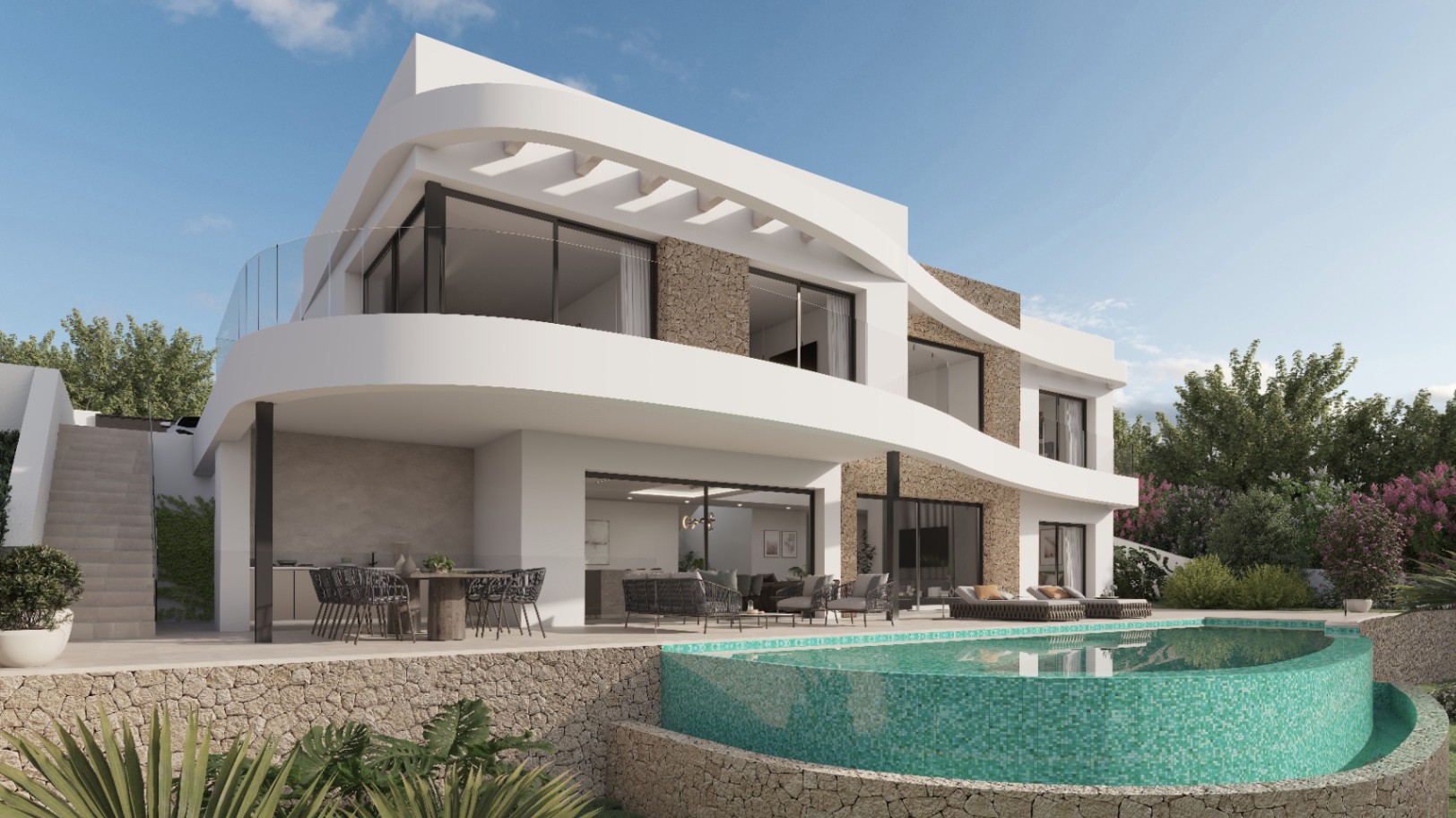 Façade moderne aux lignes courbes avec parement en pierre naturelle et piscine organique en mosaïque turquoise bordée d'une vaste terrasse aménagée.