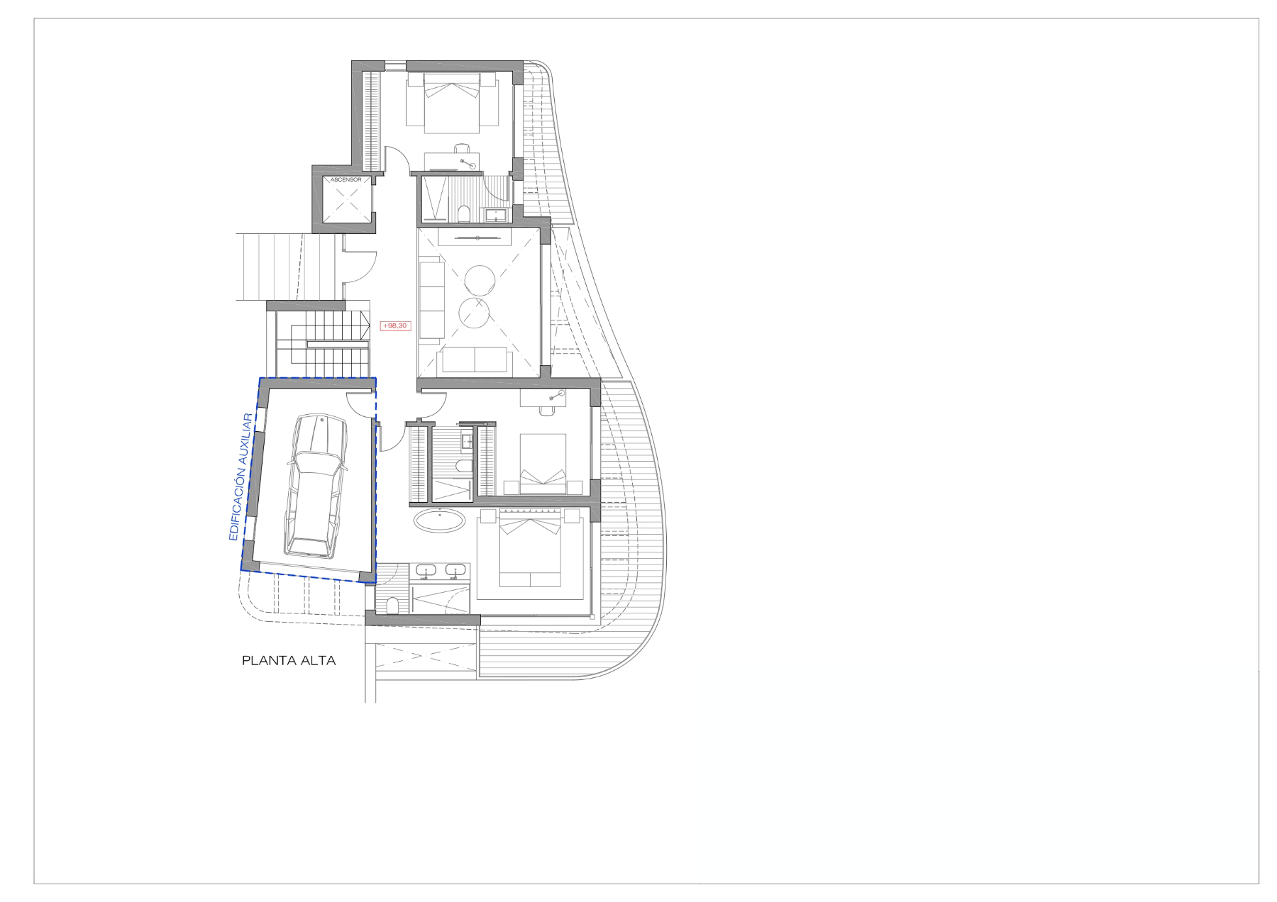 Plan technique de l'étage supérieur illustrant la disposition de trois chambres, salles de bains, ascenseur et un garage dans un bâtiment auxiliaire.