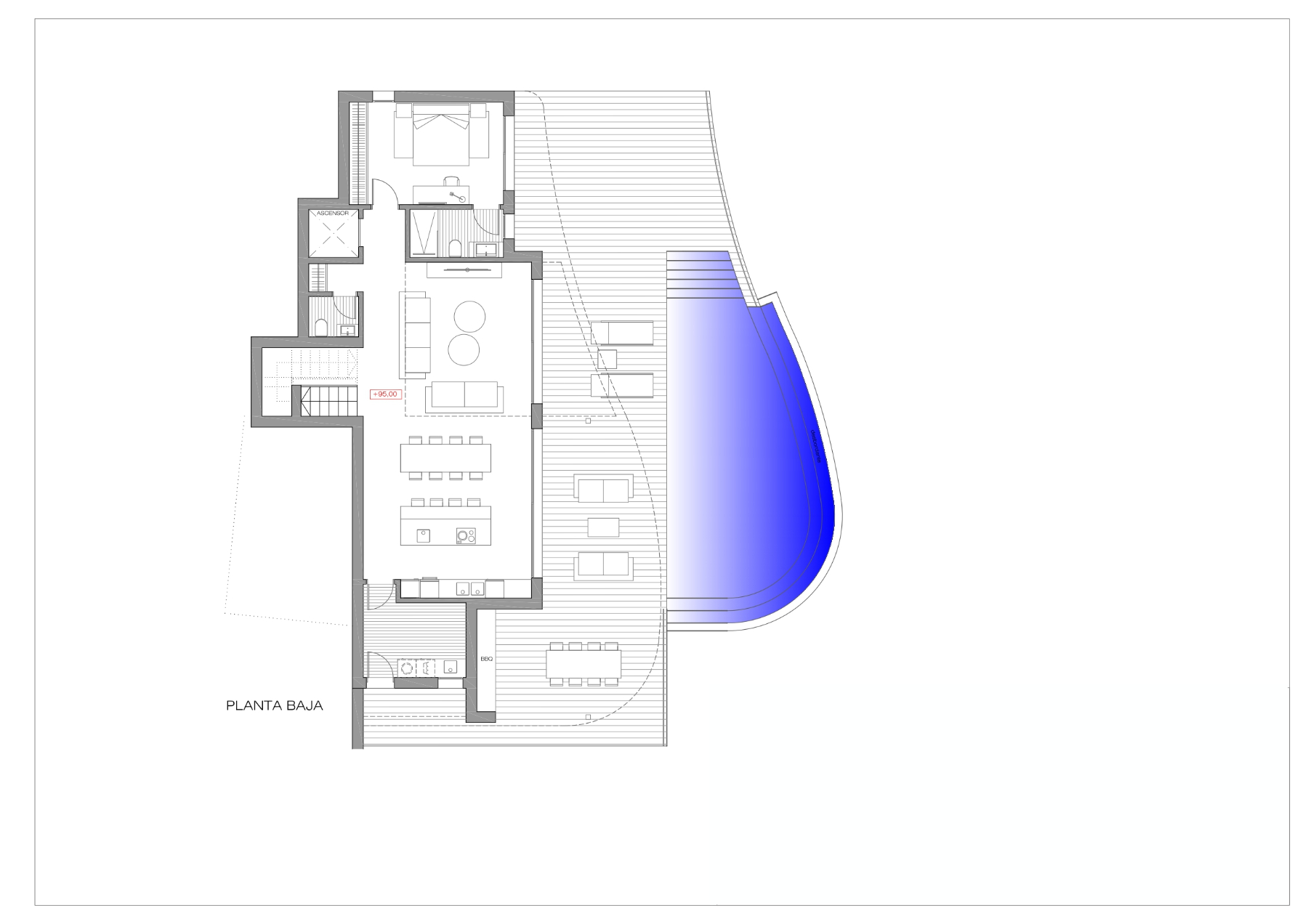 Plan technique du rez-de-chaussée détaillant l'espace de vie ouvert, la cuisine avec îlot, une chambre en suite et la vaste terrasse avec piscine de forme organique.