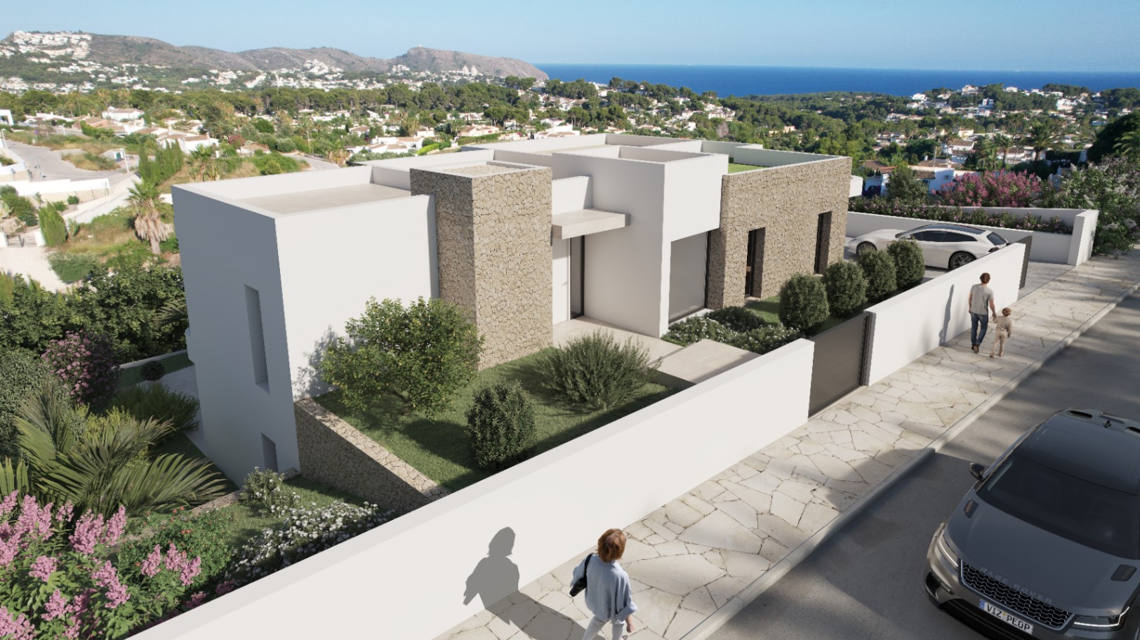 Vue extérieure de la villa avec façades en pierre naturelle, murs blancs minimalistes, parking privé et vue panoramique sur la mer Méditerranée depuis un terrain surélevé.