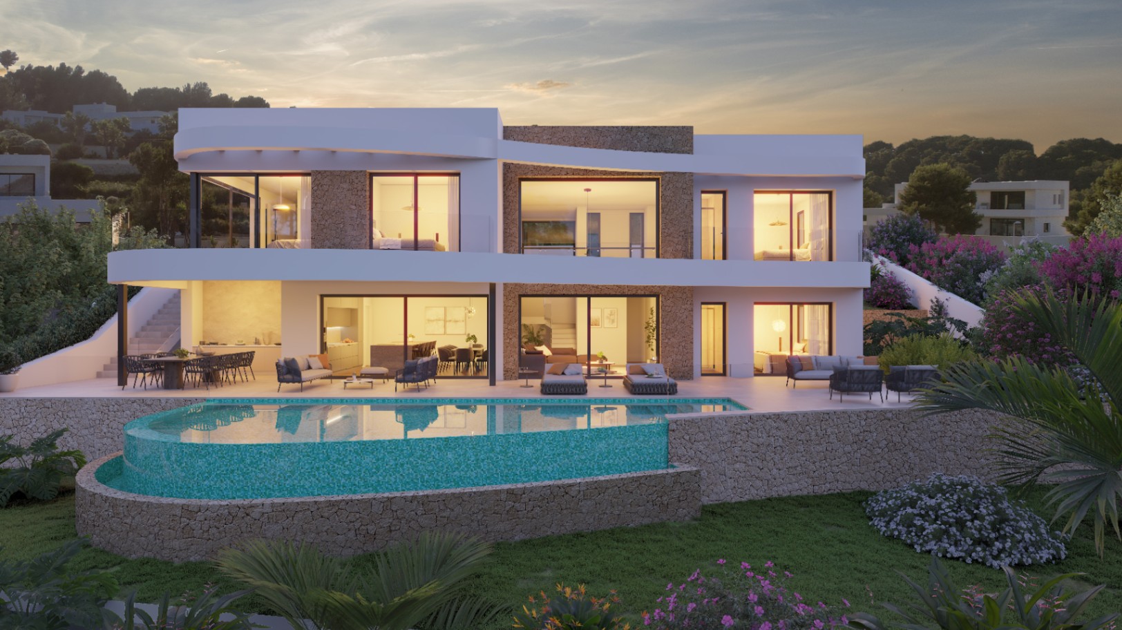 Vue extérieure de la villa moderne avec façade en pierre naturelle, piscine à débordement organique et terrasses éclairées au crépuscule.