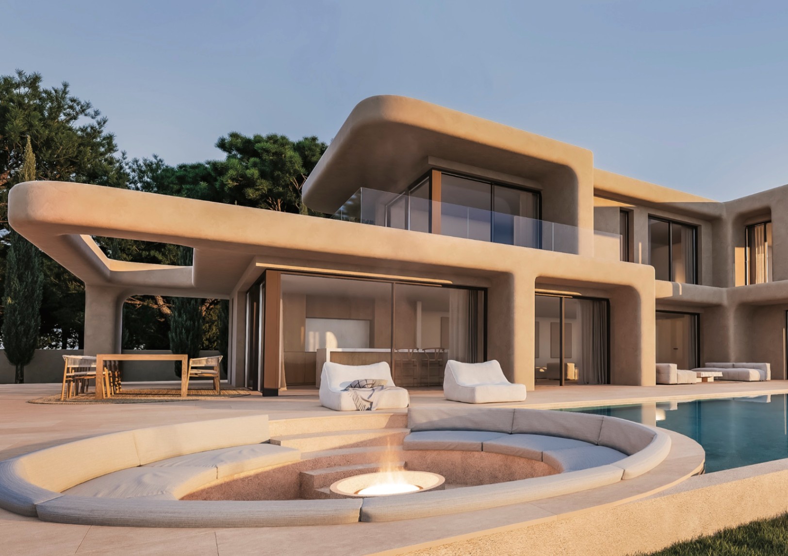 Terrasse extérieure avec un coin salon circulaire encastré et brasero, bordant une piscine à débordement et une architecture aux formes organiques.