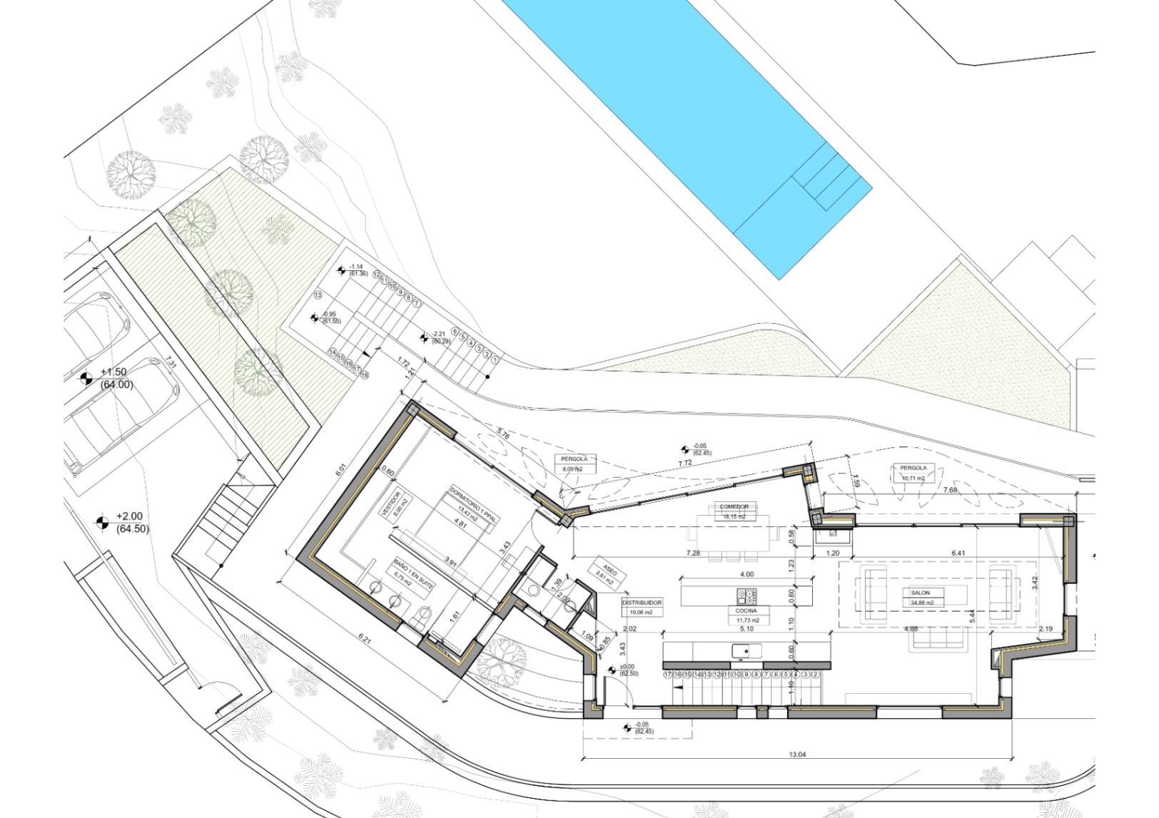 Plan architectural détaillé du niveau principal illustrant le salon-séjour ouvert, la suite parentale avec dressing, la piscine et l'aménagement du double carport.