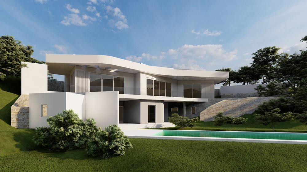 Vue extérieure de la villa contemporaine avec façades blanches, lignes de toit courbées et baies vitrées. Comprend une piscine rectangulaire et un jardin en terrasses avec murs en pierre.