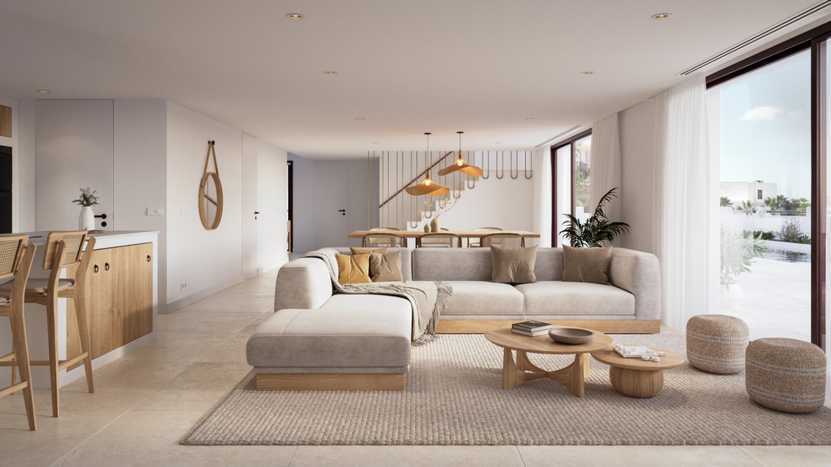 Espace de vie à aire ouverte avec mobilier en bois naturel, canapé modulaire et accès direct à la terrasse. La cuisine et la salle à manger s'intègrent sous un éclairage chaleureux.
