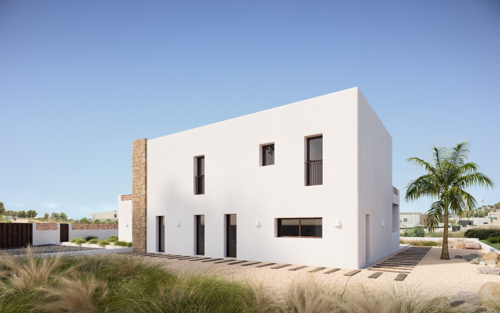 Façade blanche minimaliste avec un mur d'accent en pierre naturelle, des fenêtres à cadre sombre et un jardin de gravier agrémenté d'un palmier et de bois.