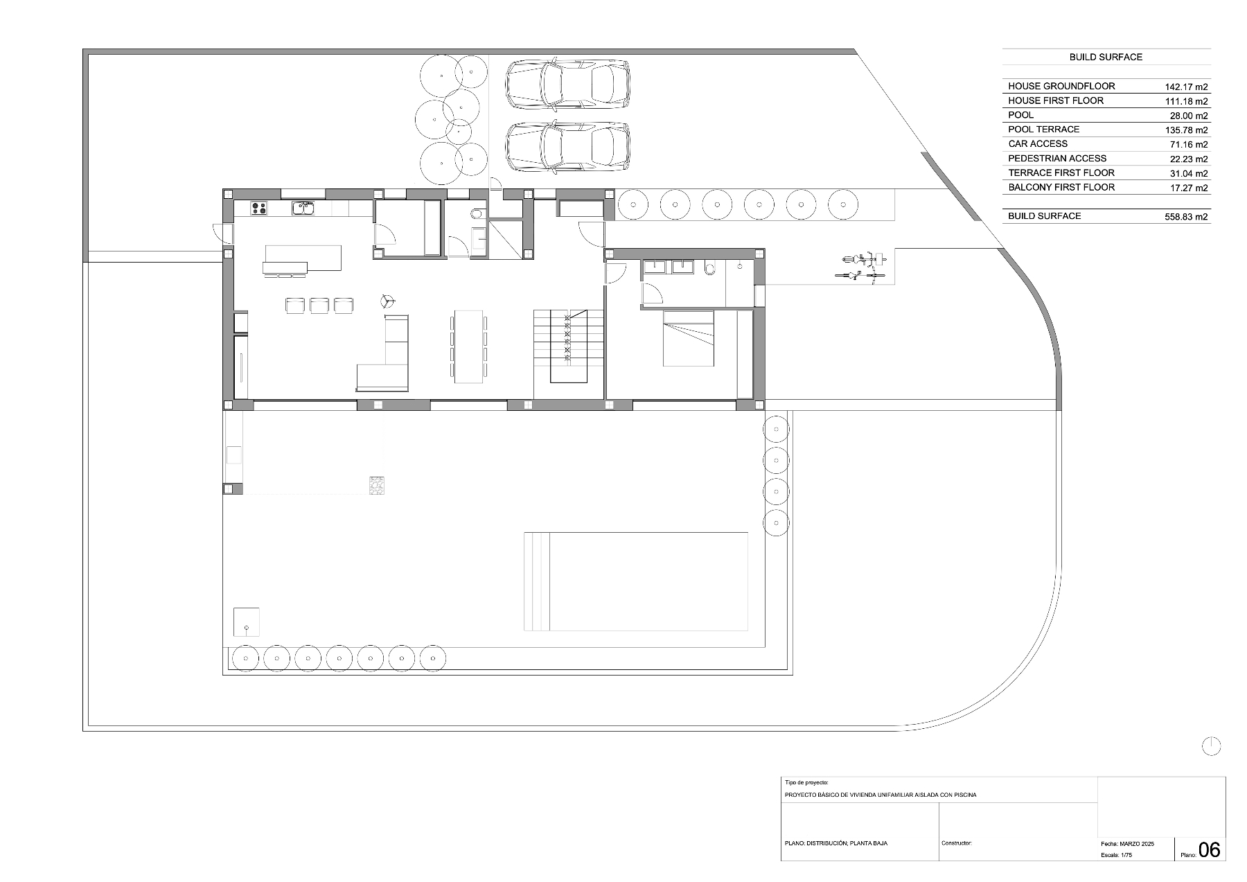 Plan technique détaillé du rez-de-chaussée, montrant l'agencement ouvert du salon, de la cuisine, d'une chambre en suite et de la vaste terrasse avec piscine et parking.