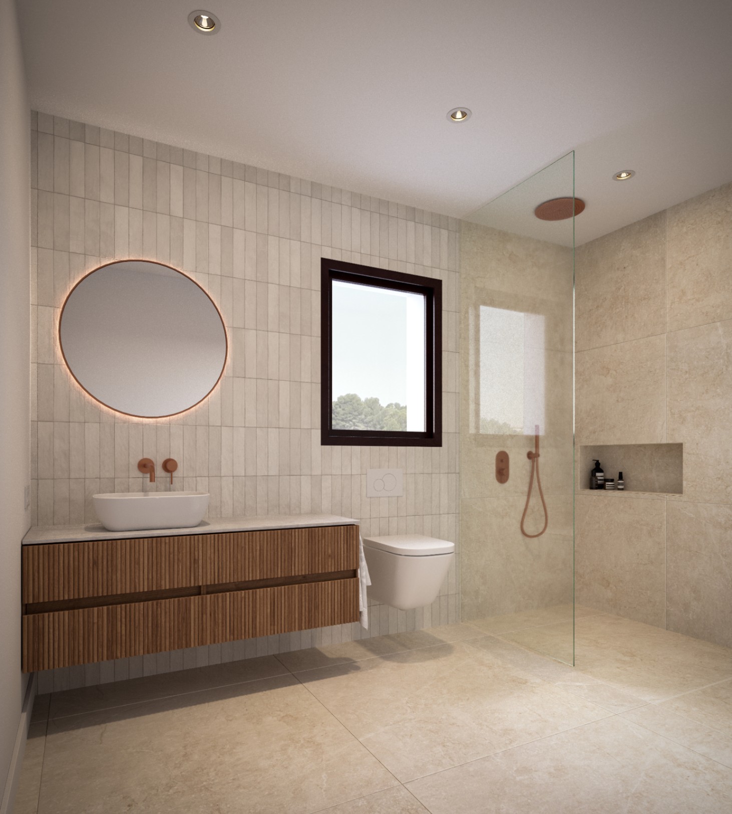 Salle de bain moderne avec meuble suspendu en bois, robinetterie cuivrée et miroir rétroéclairé. Elle dispose d'une douche à l'italienne avec paroi en verre et carrelage en pierre.