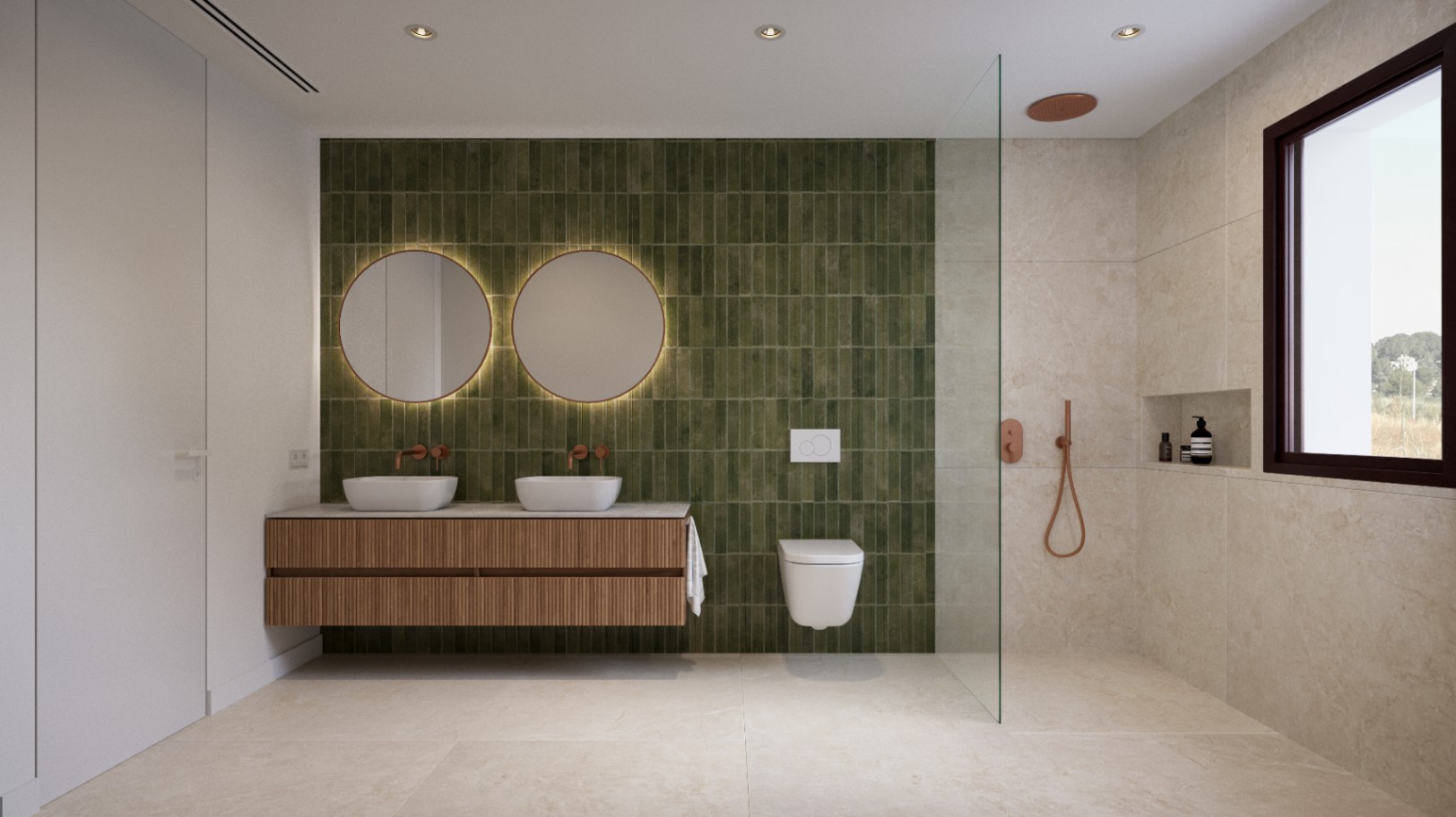 Salle de bain moderne avec mur en carreaux verts, double vasque sur meuble en bois latté et douche à l'italienne équipée de robinetterie en cuivre et paroi vitrée.