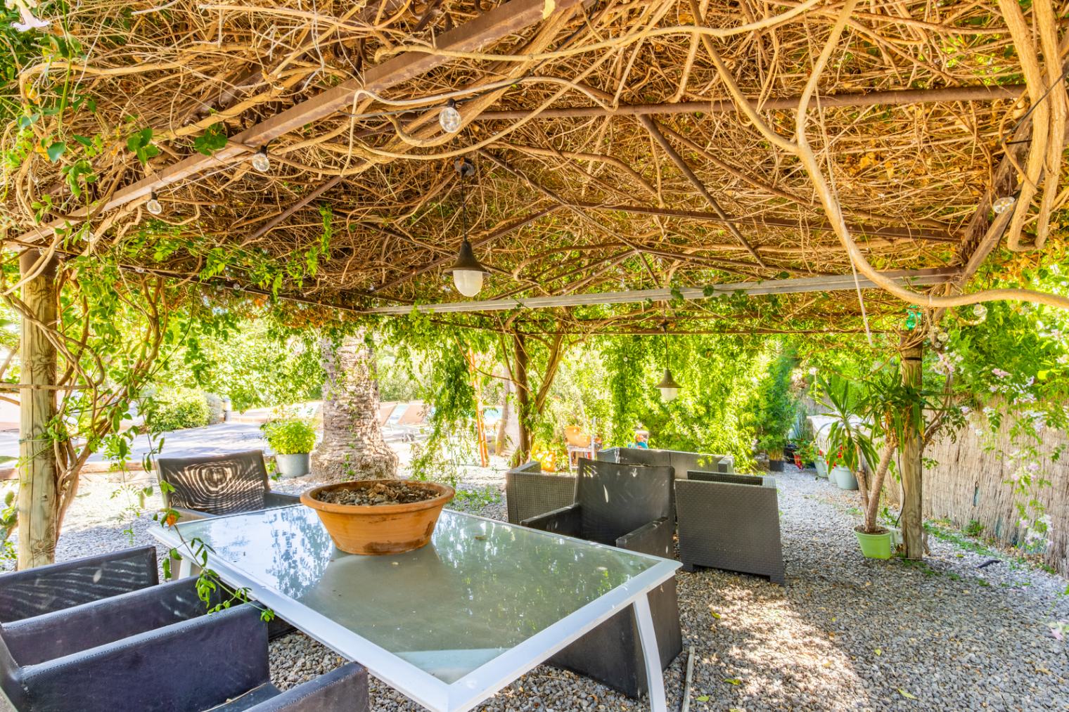 Espace dînatoire extérieur abrité par une pergola naturelle végétalisée, comprenant une table en verre, des fauteuils en résine et un sol en gravier décoratif.