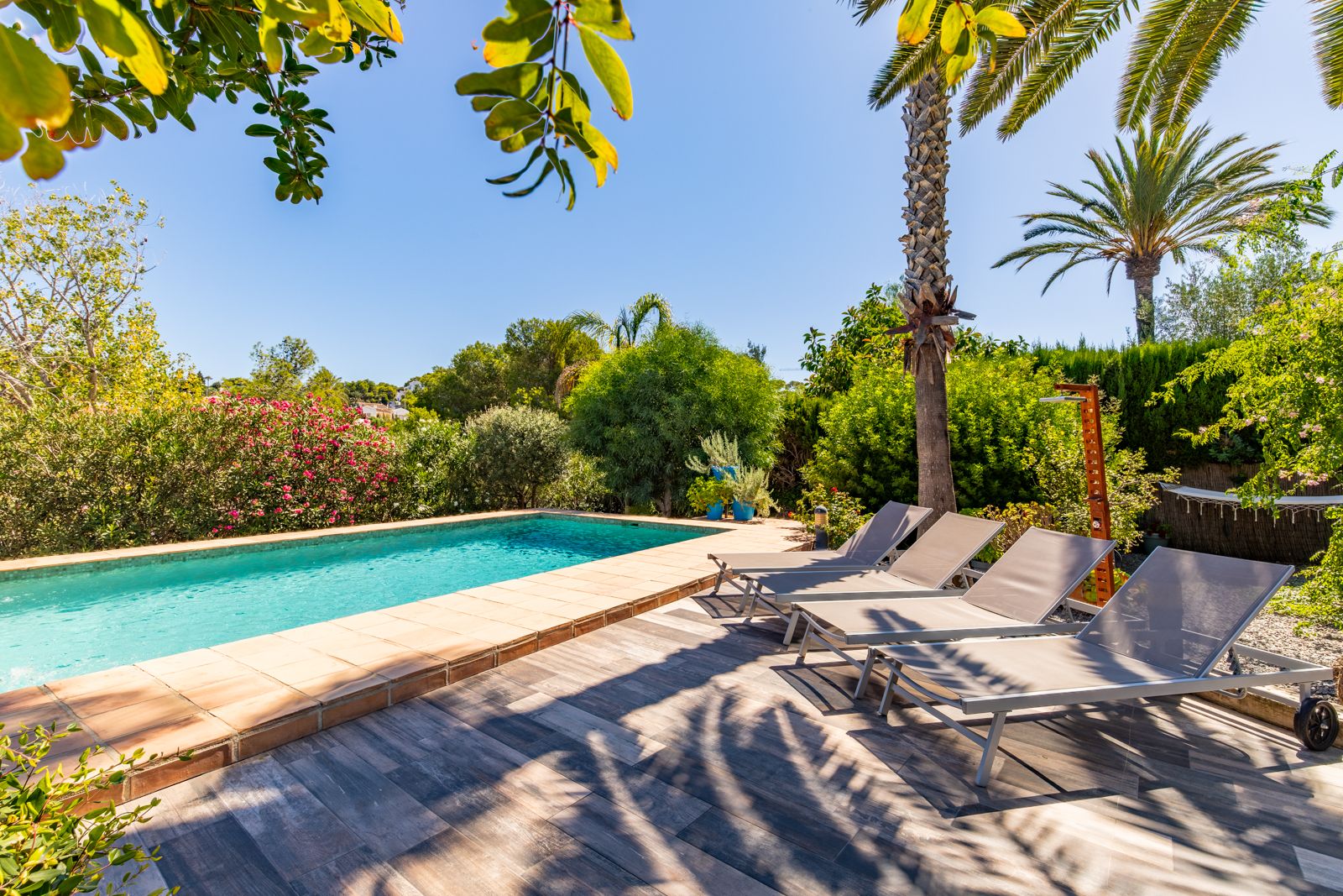 Piscine privée avec bordure en terre cuite et terrasse en grès, équipée de quatre transats et entourée d'un jardin méditerranéen luxuriant.