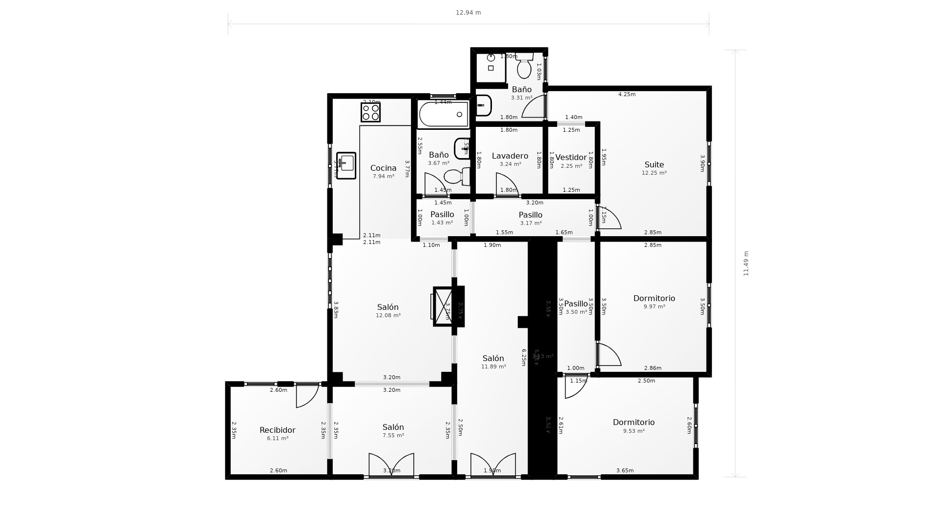Plan technique détaillant l'agencement de plain-pied, comprenant le salon, la cuisine, trois chambres et une buanderie pratique.