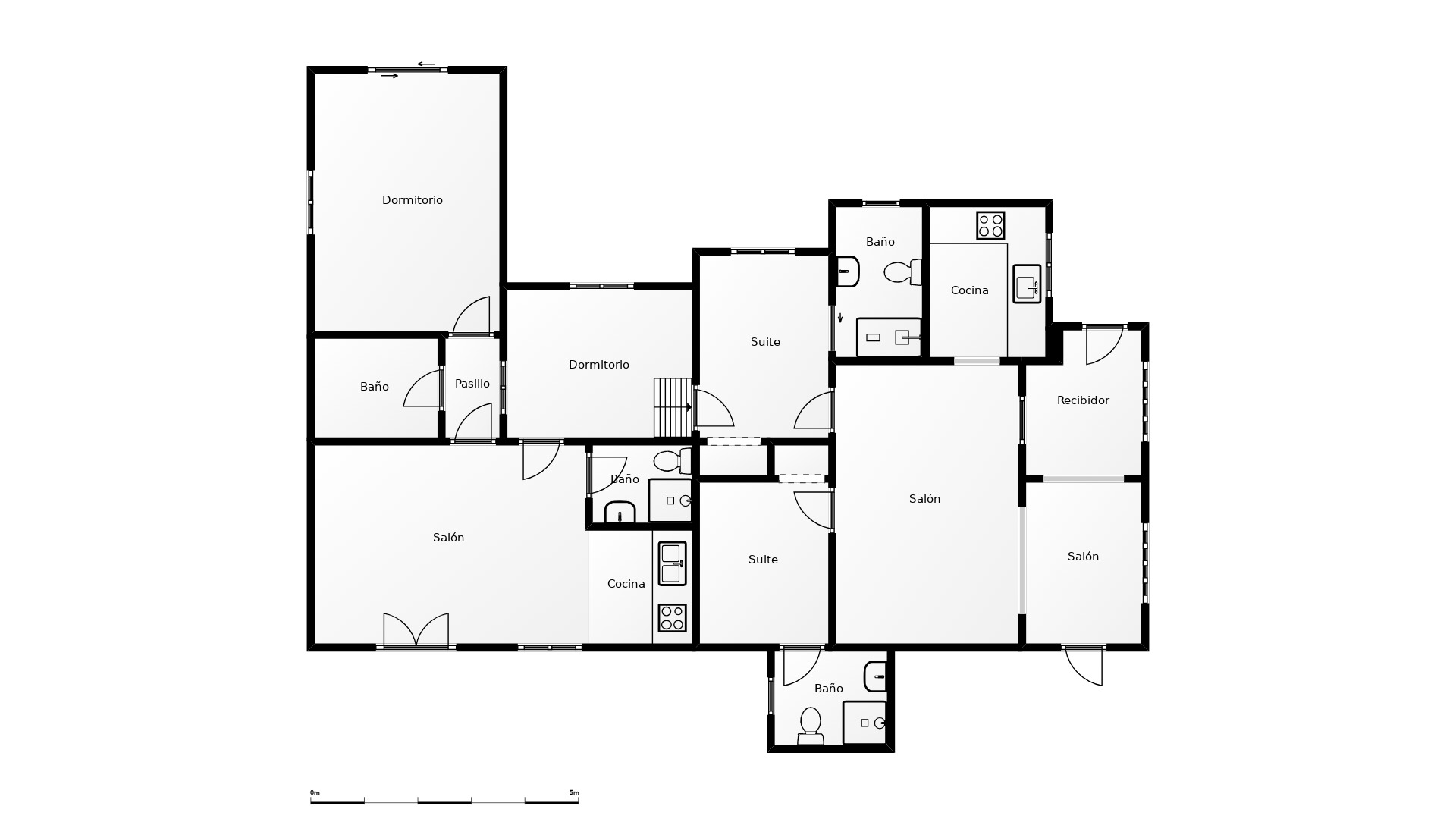 Plan d'architecte détaillé de la villa montrant la disposition des quatre chambres, des salons, des cuisines et des salles de bains.
