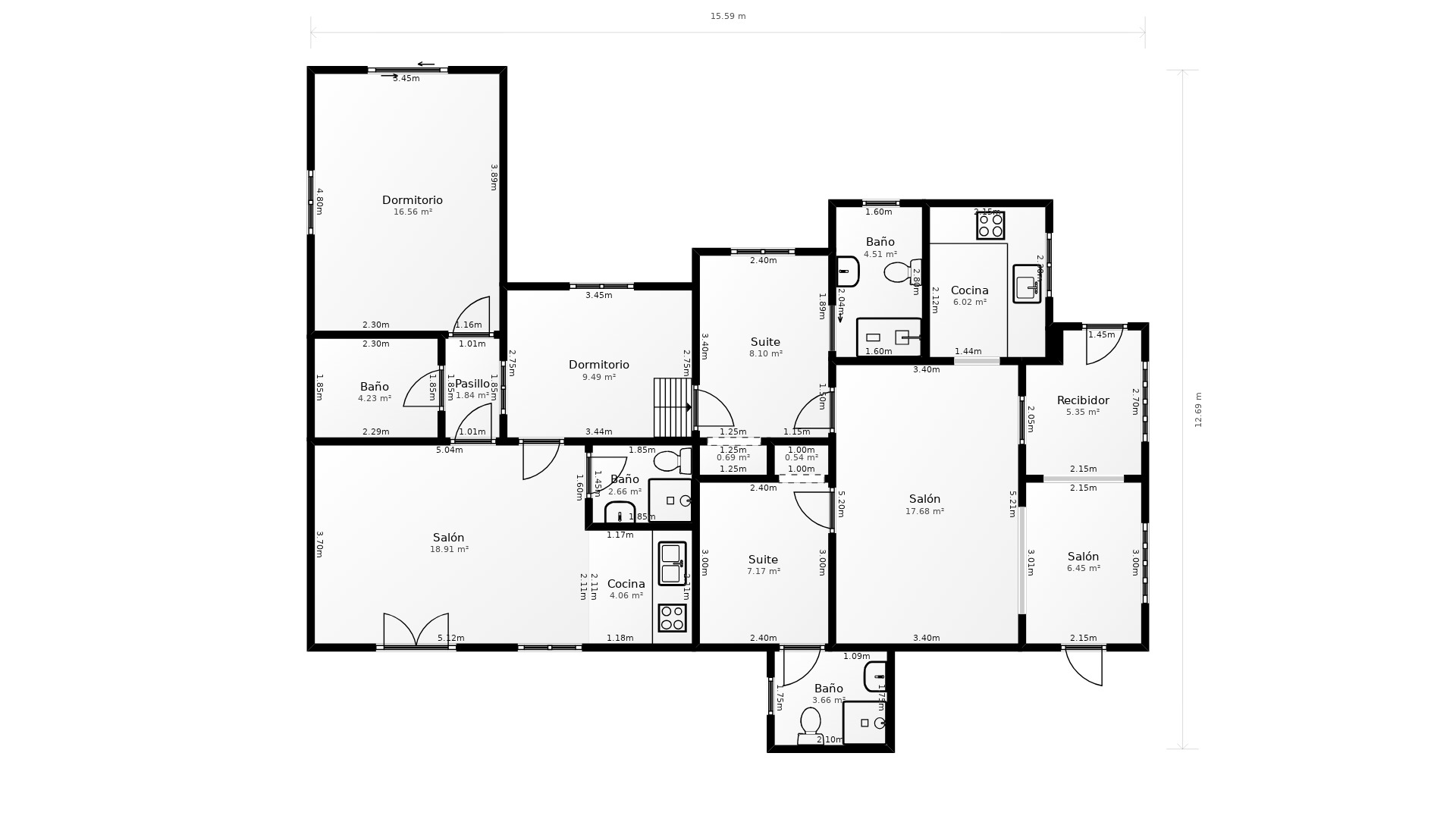Plan d'architecte détaillé illustrant la distribution intérieure, comprenant la maison principale, l'appartement indépendant et les dimensions précises de chaque pièce.
