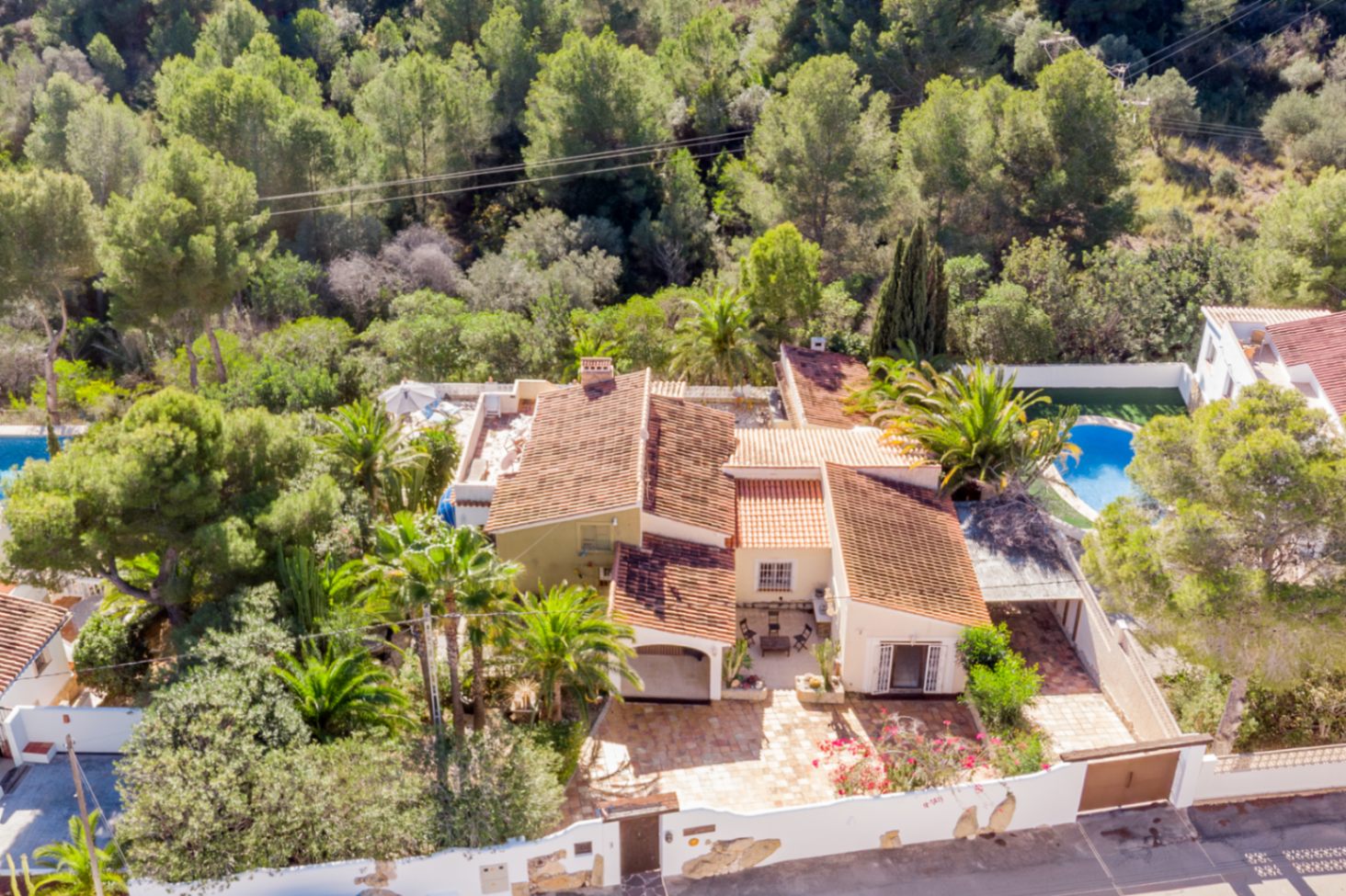 Vue aérienne de la villa soulignant son architecture méditerranéenne, entourée d'une zone verte protégée et de palmiers matures garantissant une intimité totale.