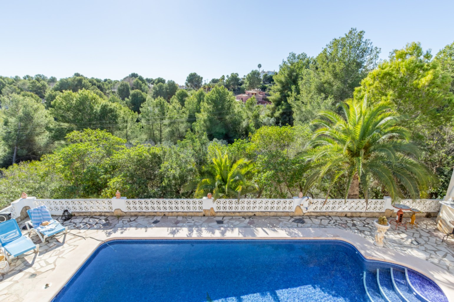 Vue surélevée de la piscine de 42 m² et de sa terrasse en pierre, bordée d'une balustrade blanche avec une vue dégagée sur la zone verte protégée environnante.