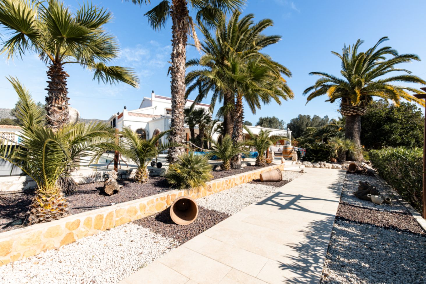 Allée dallée traversant un jardin paysager composé de graviers, de palmiers matures et de poteries en terre cuite, menant à la villa méditerranéenne blanche.