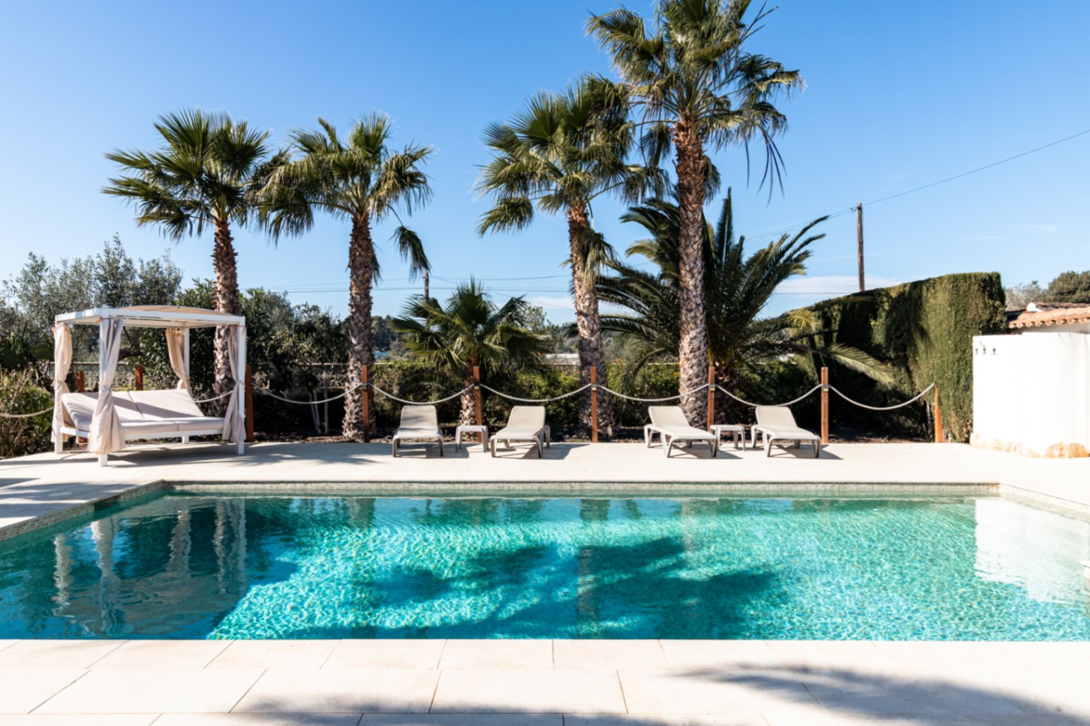 Piscine de 9,5 x 5 m entourée d'une terrasse pavée avec chaises longues, lit de repos à baldaquin et palmiers bordant la propriété.